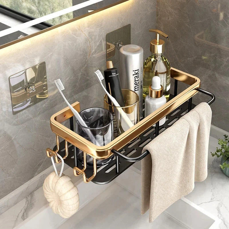 Afralia™ Aluminum Corner Bathroom Shelf with Towel Holder