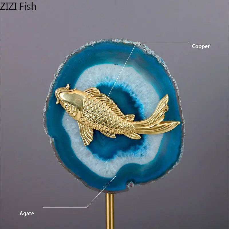 Afralia™ Blue Agate Golden Fish Statue on Crystal Base - Modern Room Decor