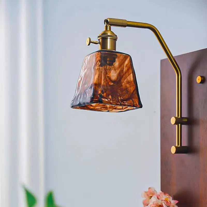 Afralia™ Retro Solid Wood Flower Wall Lamp for Medieval Bedroom, Copper Glass Staircase Decor