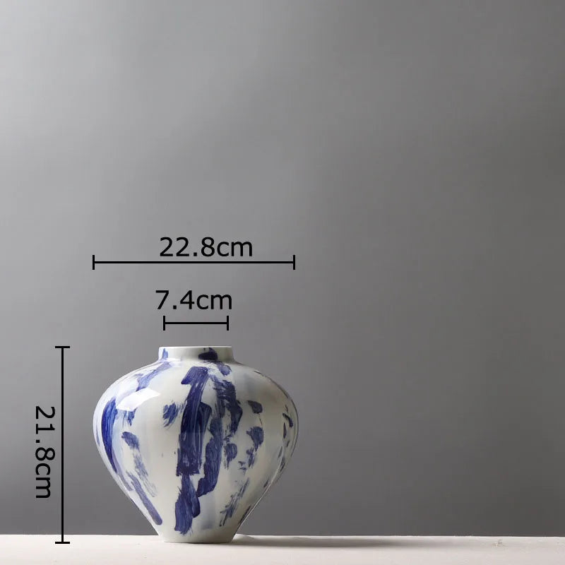Afralia™ Blue & White Porcelain Vase: Ink Style Flowers, Aesthetic Room Decor