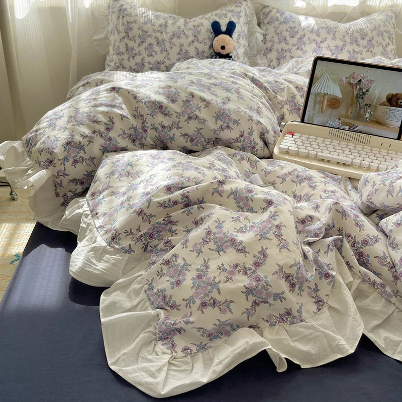 Afralia™ Small Floral Lace Ruffles Princess Bedding Set with Vintage Charm