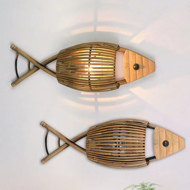 Afralia™ Bamboo Fish Wall Lamp: Retro Cafe Bar Teahouse Decor, Living Room Farm Hotel Light