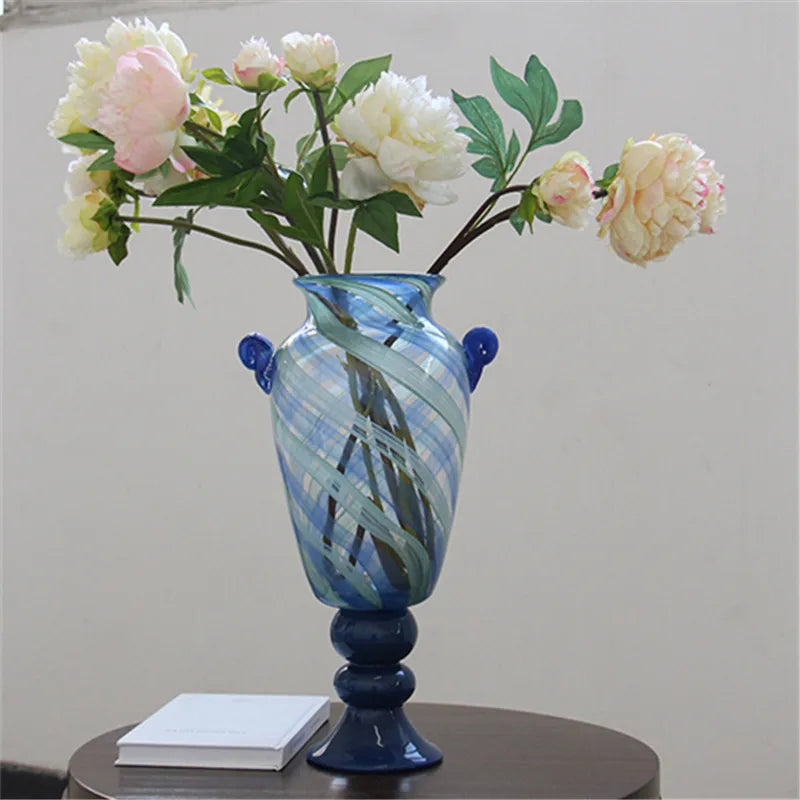 Afralia™ Blue Striped Transparent Glass Vase - Tall Bottle Flower Pot Bouquet Holder