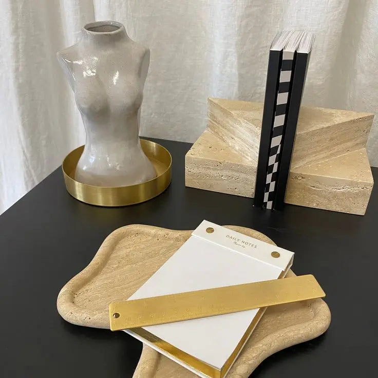 Afralia™ Yellow Beige Travertine Stone Bookends - Wabi-sabi Style Desktop Ornaments