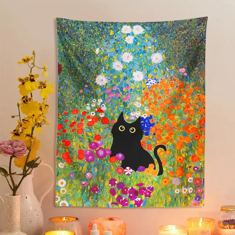 Afralia™ Garden Cat Tapestry Wall Hanging - Psychedelic Bohemia Room Art Home Decor