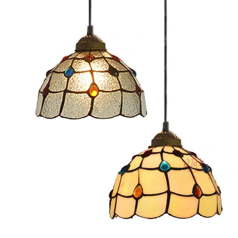 Afralia™ Stained Glass Pteris Pendant Light Chandelier for Dining Room and Bedroom