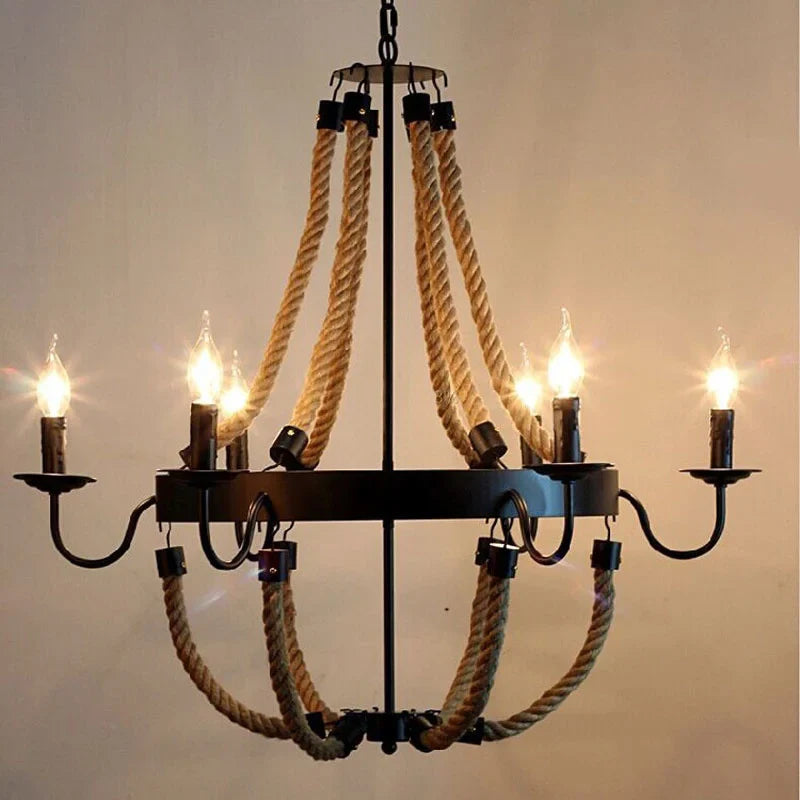 Afralia™ Hemp Rope Ceiling Chandelier Vintage Pendant Lamp for Dining Room & Living Room