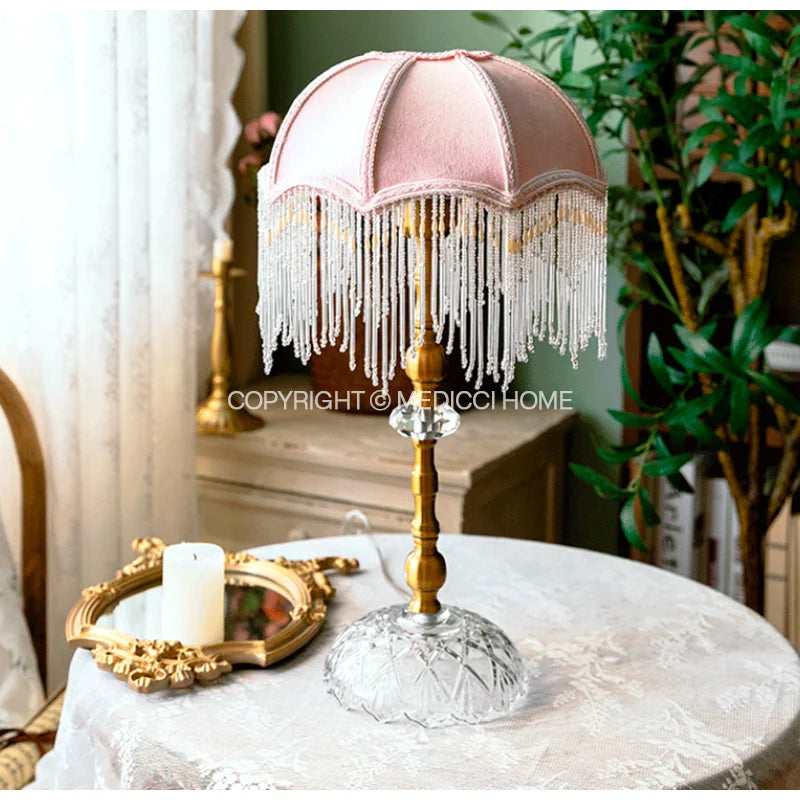 Afralia™ Retro Velvet Pink Lampshade With Beaded Tassel - Girls Bedroom Luxe Lamp Cover