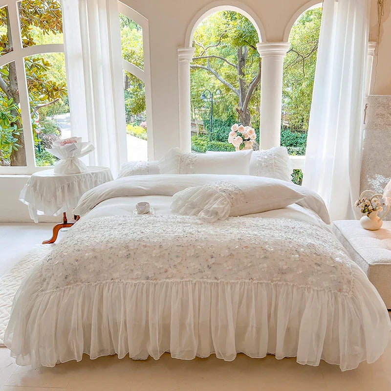 Afralia™ Floral Lace Ruffles Bedding Set: Duvet, Bedskirt, Bedspread, Sheet, Pillowcases