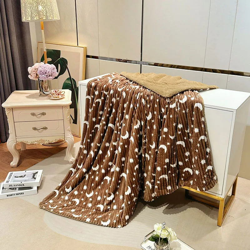 Afralia™ Star Moon Striped Fleece Blanket: Double Layer Flannel for Office Nap & Air Conditioning