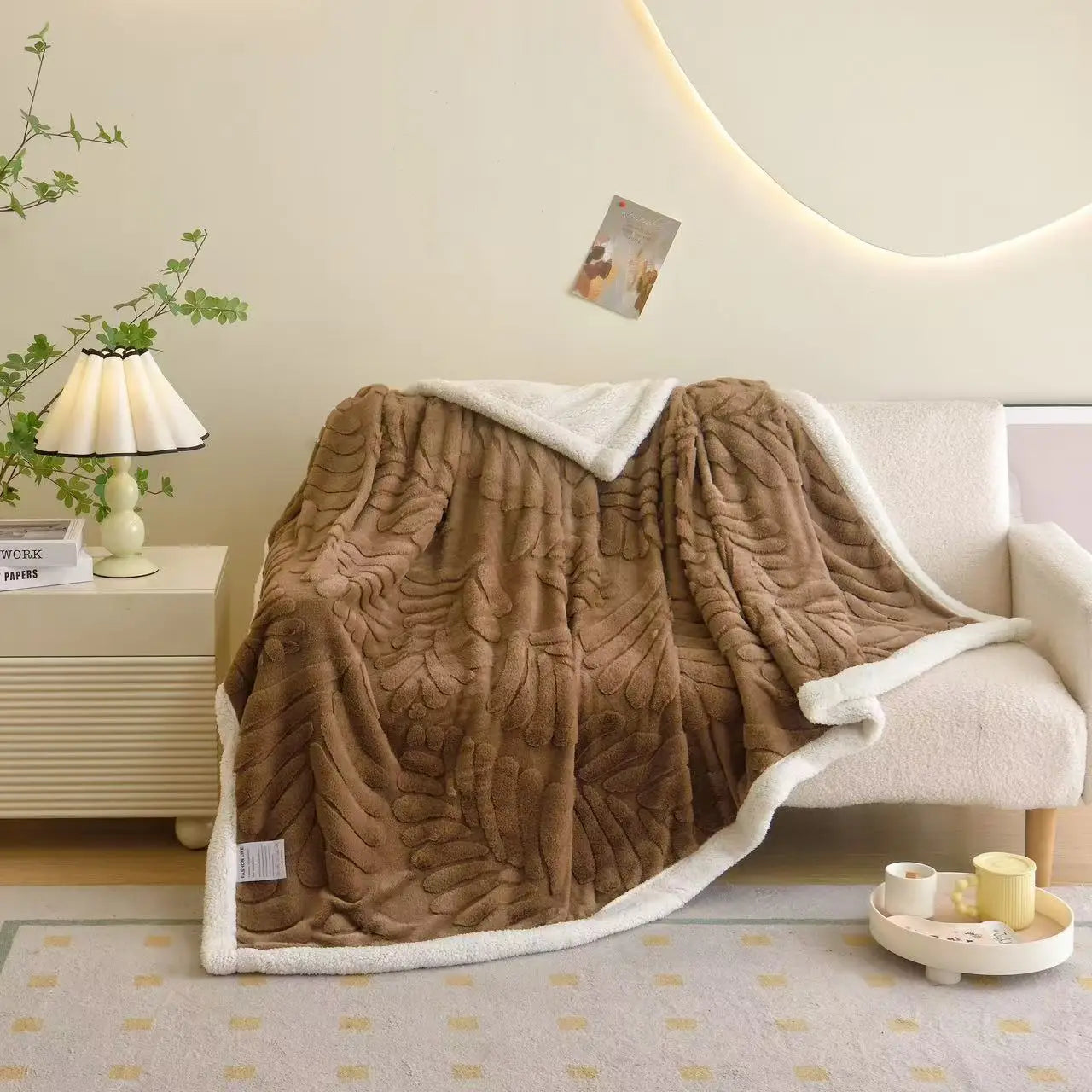 Afralia™ Banana Leaf Jacquard Faux Rabbit Fur Double Layer Lamb Bedspread