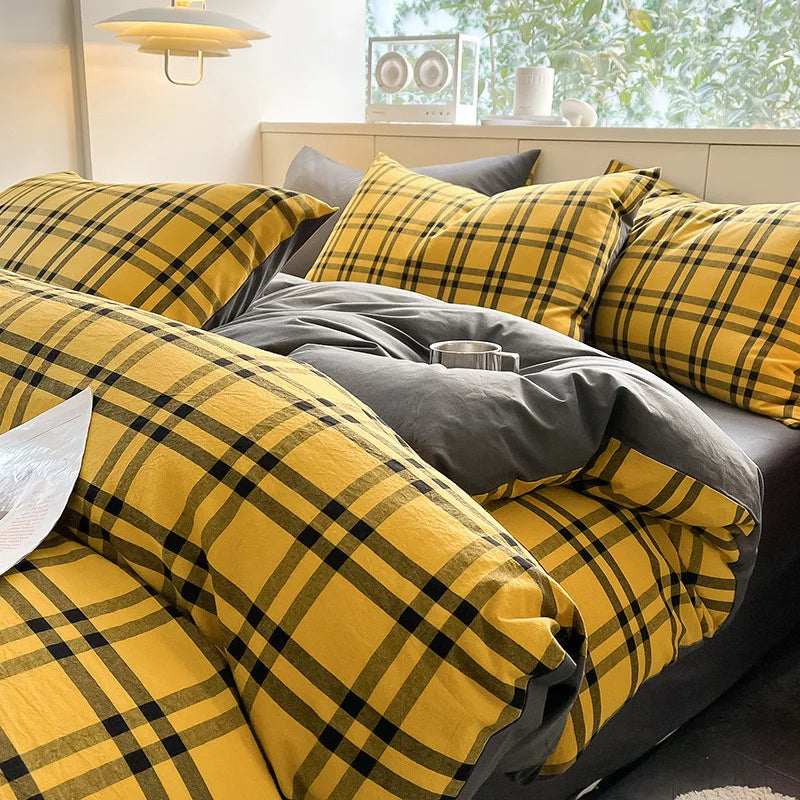 Afralia™ Plaid Cotton Bedding Set: Soft & Cozy Queen Single Fitted Sheet, Quilt Cover, Pillowcase