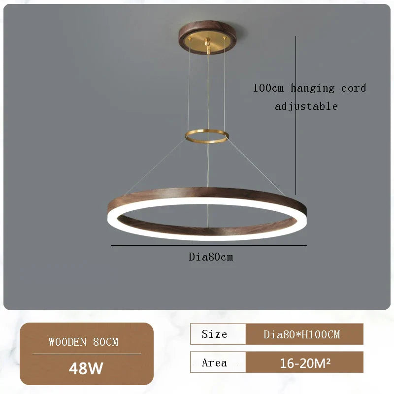 Afralia™ Wood Grain Chandelier: Minimalist Round LED Hanging Light Fixture for Home Decor