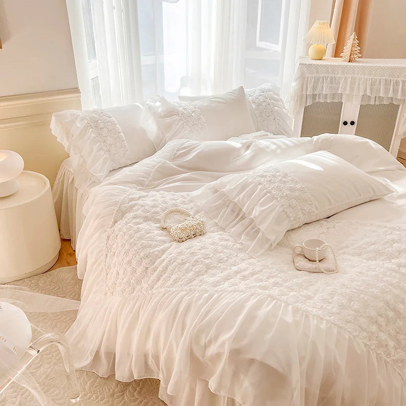 Afralia™ Rose Flowers Embroidery Princess Bedding Set - Pure Cotton, Lace Ruffles