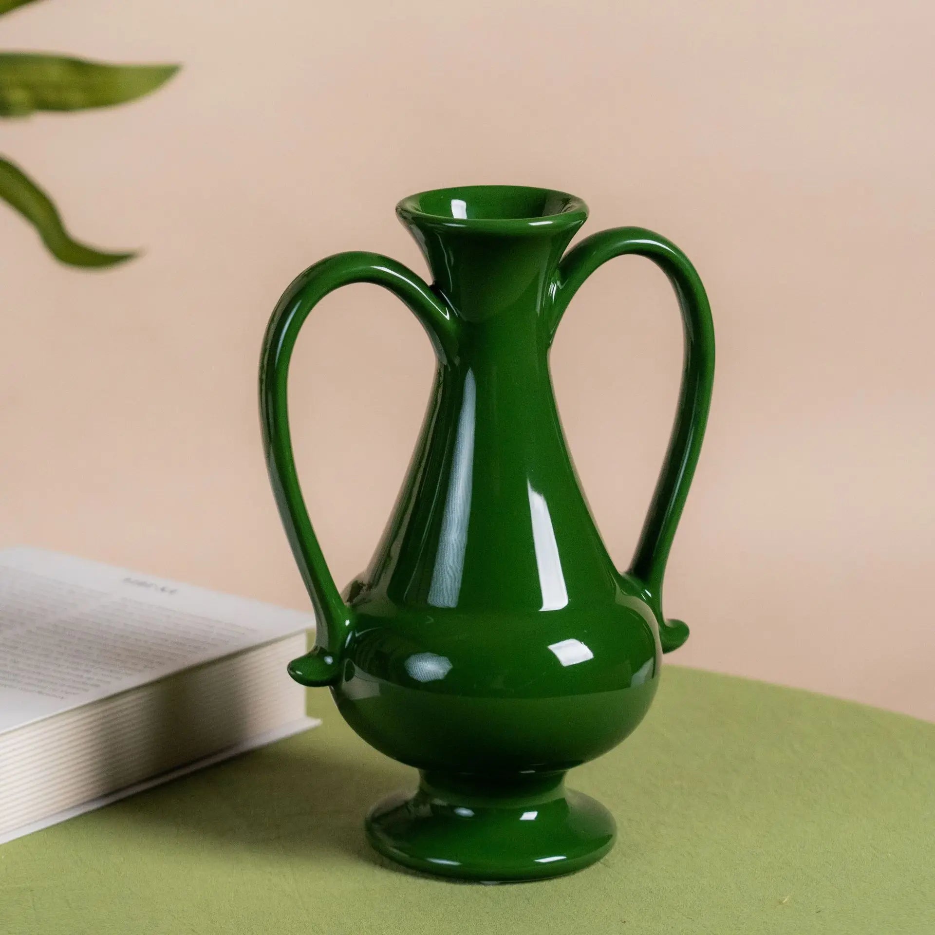 Afralia™ Green Ceramic Vase Double-eared Vintage Bottle Flower Arrangement Home Decor