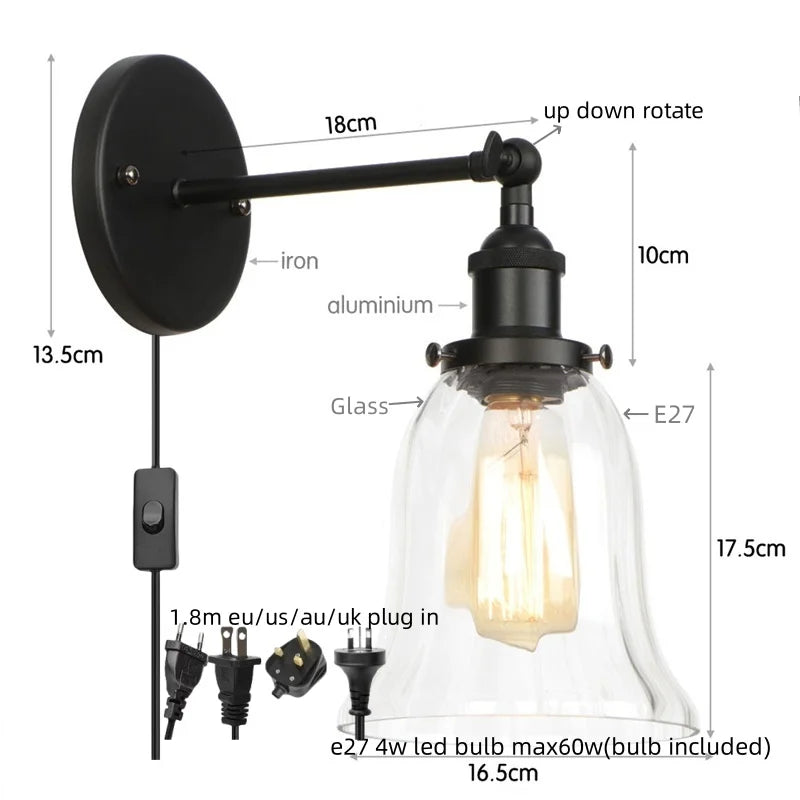 Afralia™ Rustic Clear Glass LED Wall Light Fixture Industrial Style for Home Decor
