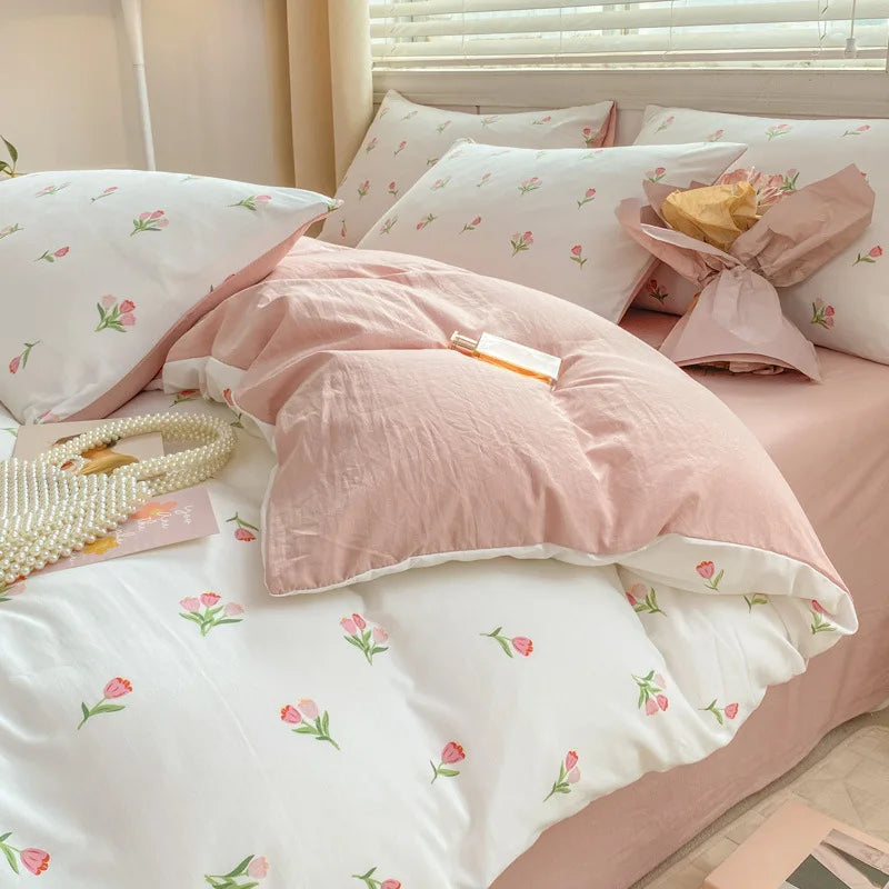 Afralia™ Cartoon Heart Floral Print Duvet Set with Bed Sheet & Pillowcases