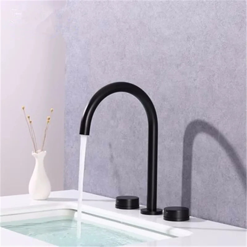 Afralia™ Widespread Brushed Gold Basin Faucet, 360 Rotating Three Hole Bathroom Tap