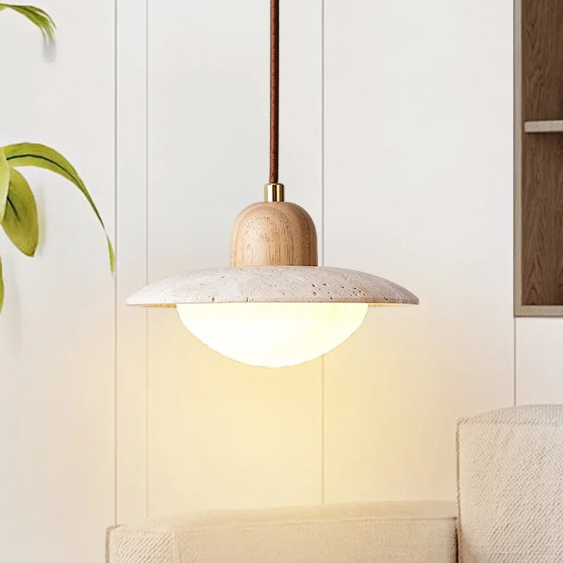 Afralia™ LED Pendant Lights Yellow Travertine Wood Hanging Lamp for Bedroom Dining Room