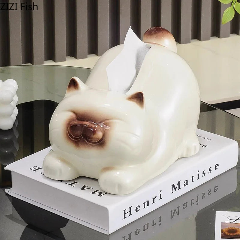 Afralia™ Siamese Kitten Tissue Box: Cute Ceramic Cat Decor for Coffee Table & Desk