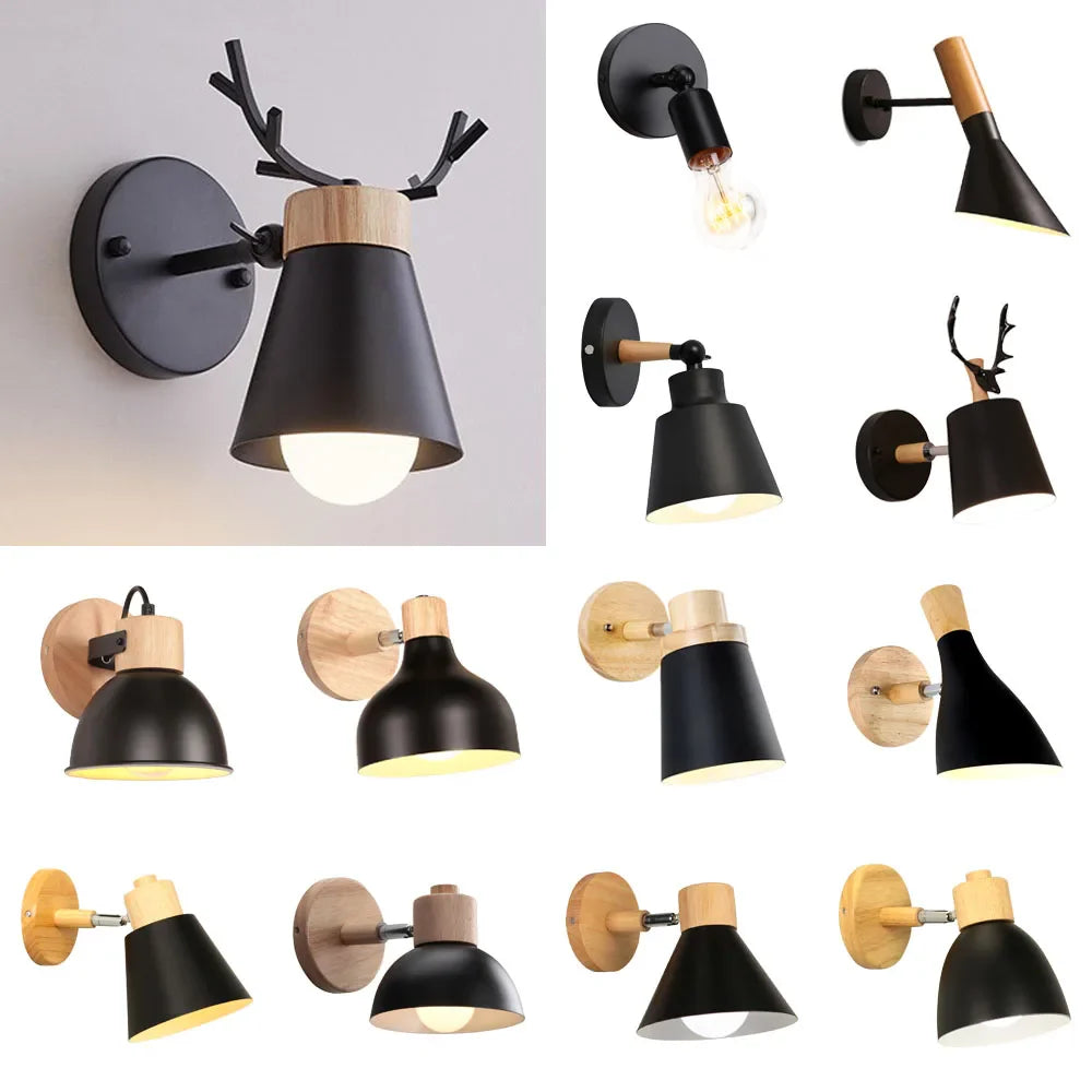 Afralia™ Nordic Wooden Wall Lamp Bedside Light for Bedroom Living Room E27 Macaroon Style