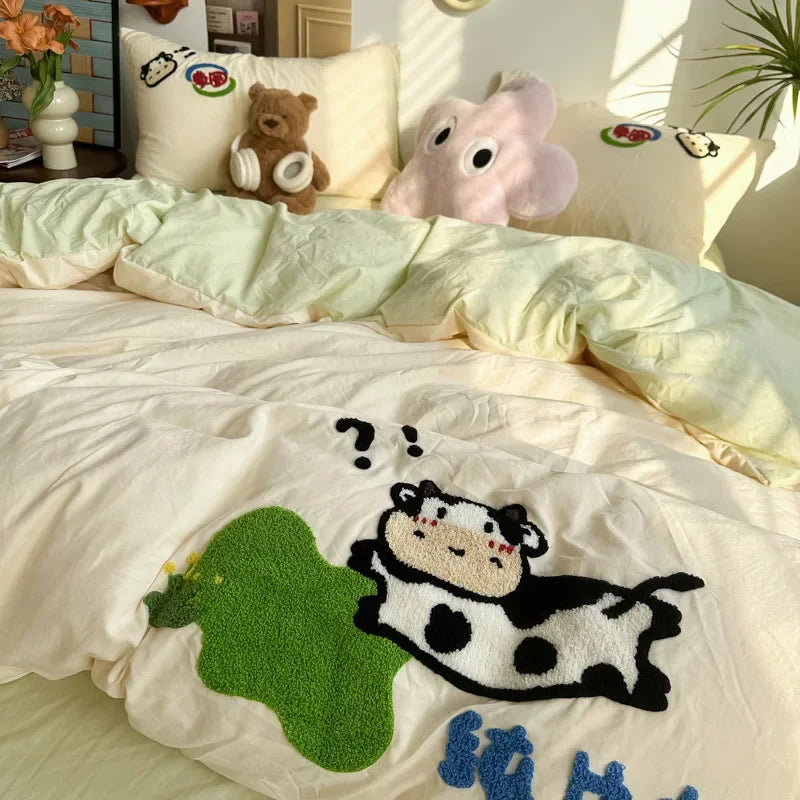 Afralia™ Cartoon Embroidery Jacquard Comforter Sets | Washed Cotton | Soft Skin-Friendly Bed Linen