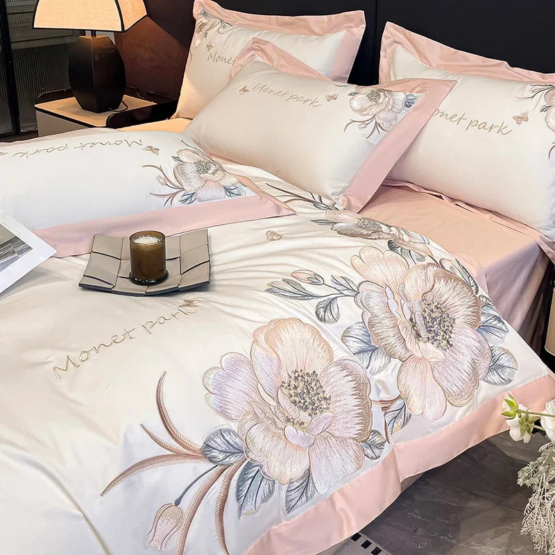 Afralia™ Pink Flowers Embroidery Cotton Luxury Bedding Set: Duvet, Sheet, Pillowcases - 4Pcs
