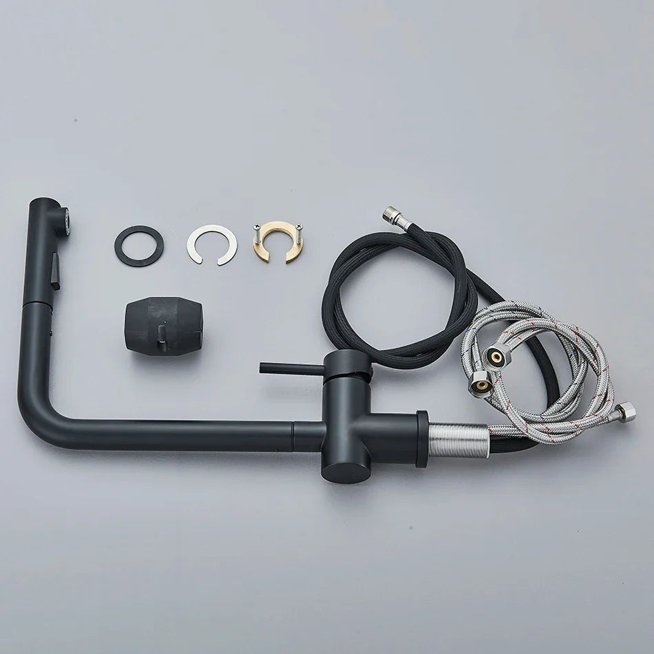 Afralia™ Matte Black Kitchen Faucet Pull Out Dual Sprayer Mixer Tap Rotation Deck Mounted