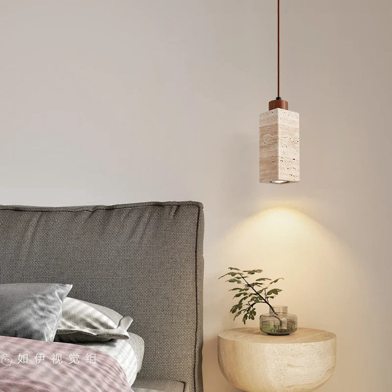 Afralia™ Japanese Stone LED Pendant Lamps Yellow Travertine Wabi Sabi Hanging Light
