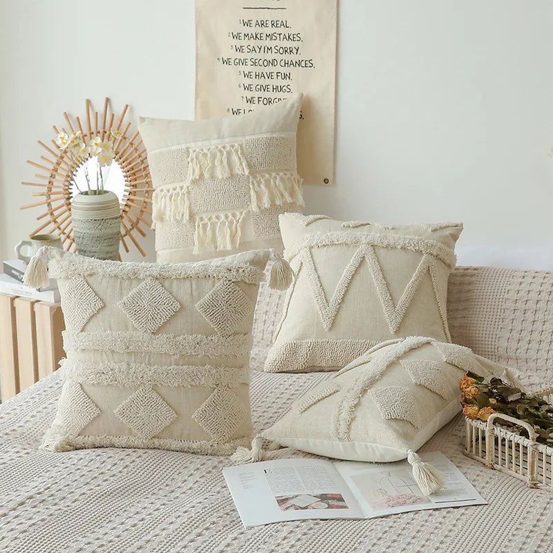Afralia™ Boho Beige White Tufted Tassel Pillow Cover Set