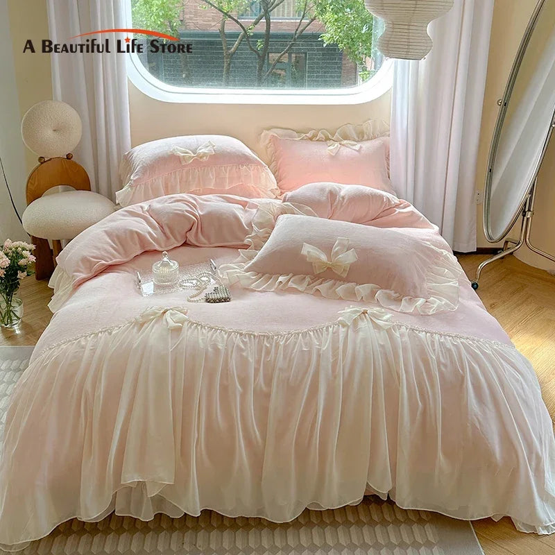 Afralia™ French Princess Lace Ruffles Bedding Set with Velvet Duvet Cover