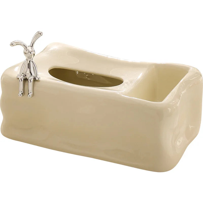 Afralia™ Silver Ceramic Tissue Box & Rabbit Napkin Holder - Home Desktop Storage