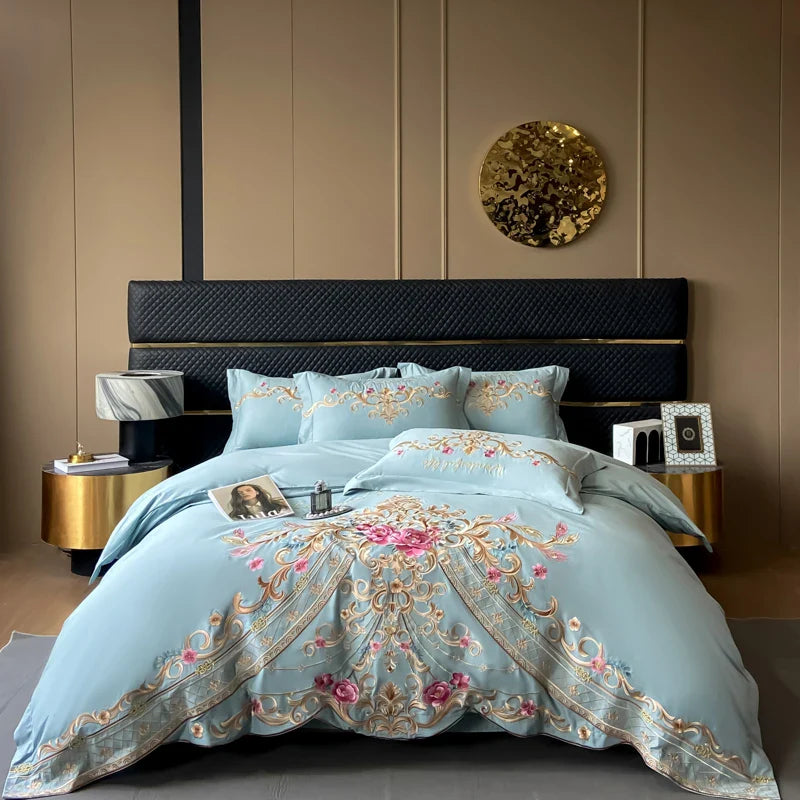 Afralia™ Exquisite Flowers Embroidery Bedding Set: Queen King Duvet Cover, Sheet, Pillowcases
