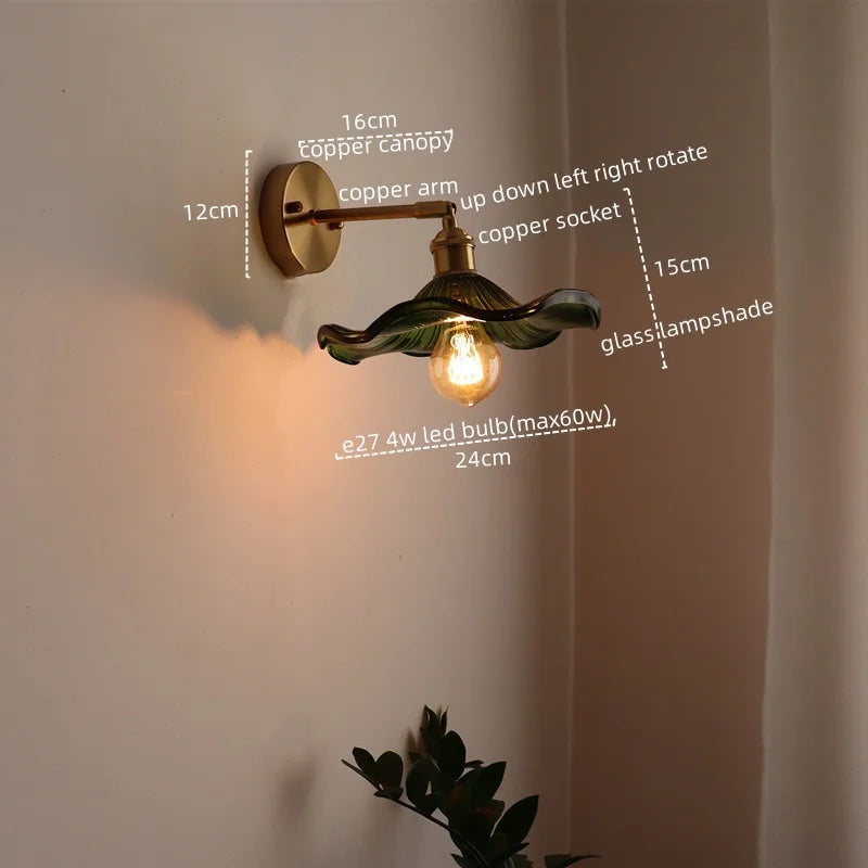 Afralia™ LED Glass Copper Wall Sconce Pull Chain Switch Lamp for Bedroom Living Room