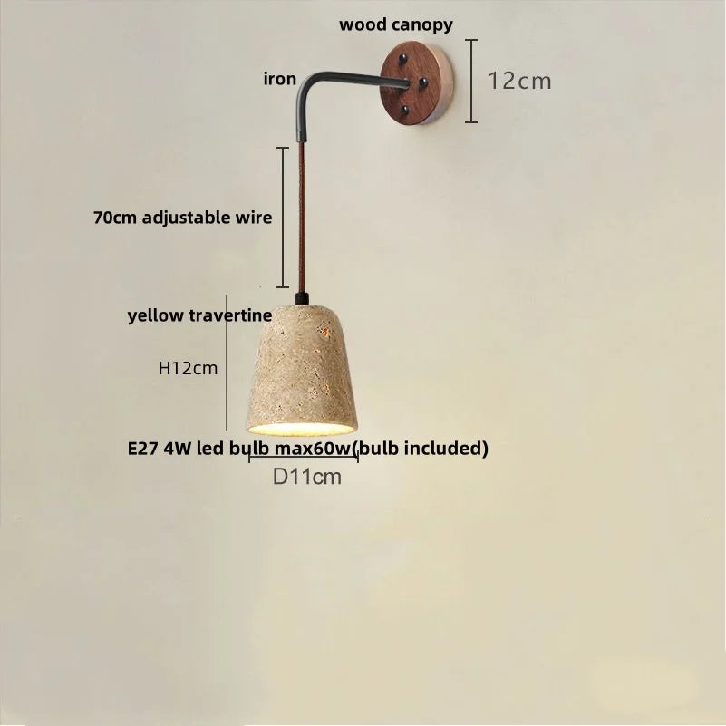 Afralia™ Yellow Travertine LED Wall Sconce Pull Chain Switch, Nordic Modern Wood Mirror Light