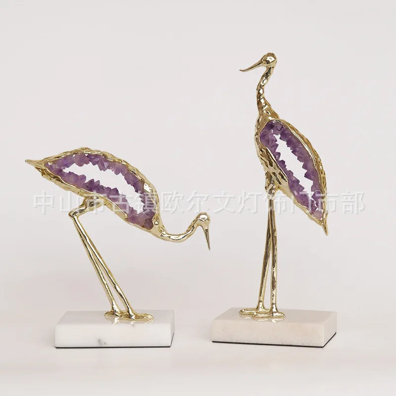 Afralia™ Crystal Crane Sculpture Green Gem Bird Home Decor Figurine