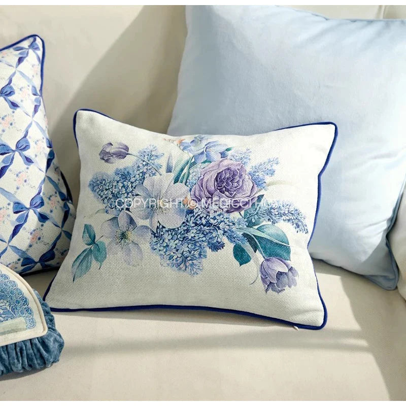 Afralia™ Chinoiserie Blue Wavy Fan Pillowcase Bohemian Print Lumbar Cushion Cover