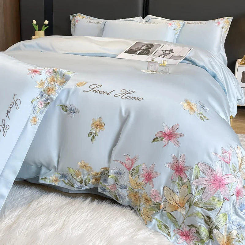 Afralia™ Flowers Embroidery Silky Duvet Set with Comforter Cover & Fitted Sheet
