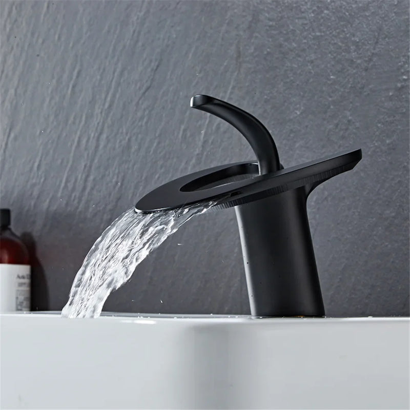 Afralia™ Black Gray Brass Waterfall Basin Faucet Hot Cold Mixer Tap White Gold