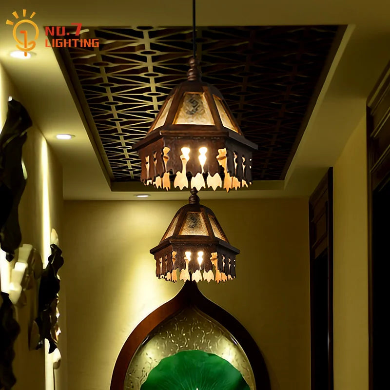 Afralia™ Retro Thai Pendant Lights Solid Wood Glass LED Hanging Lamp