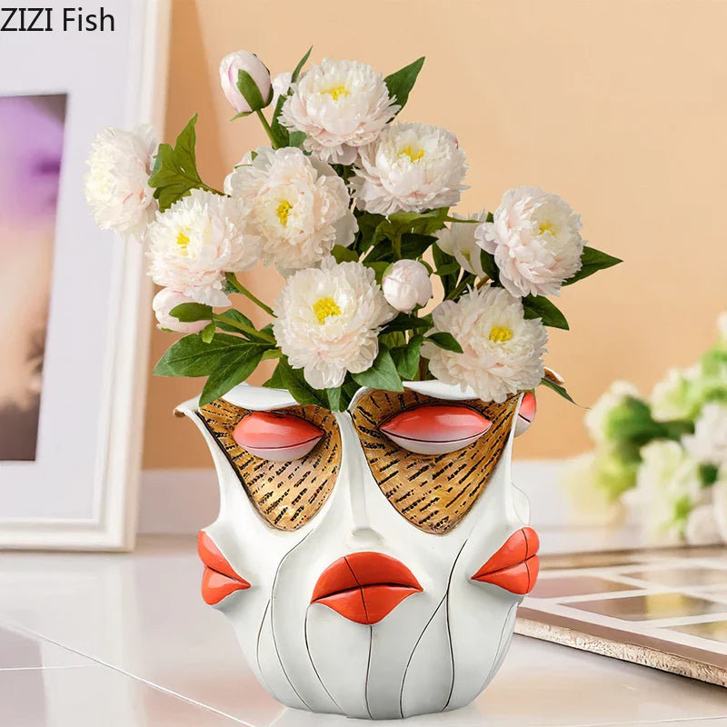 Afralia™ Red Lips Face Vase Artificial Flower Arrangement Desk Decoration