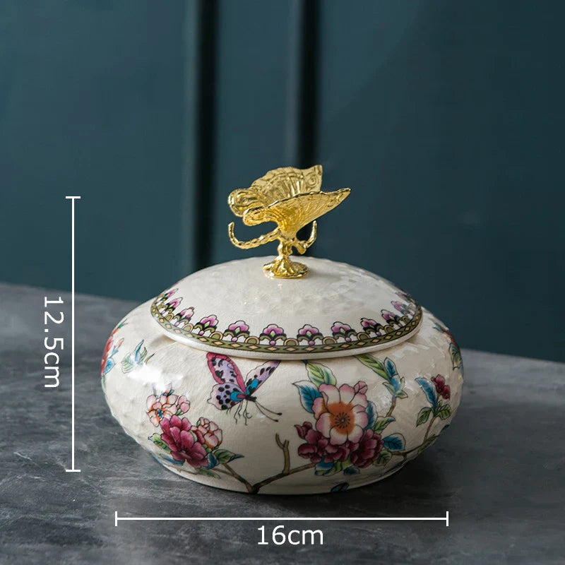 Afralia™ Dragonfly Lid Ceramic Jewelry Box - Round Floral Pattern Storage Jar