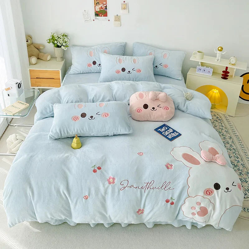 Afralia™ Cartoon Rabbit Applique Embroidery Bedding Set with Velvet Fleece for Cozy Comfort