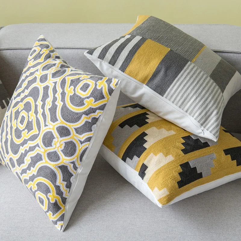 Afralia™ Geometric Canvas Cotton Cushion Cover - Yellow Grey/White Embroidery Square Pillow Cover