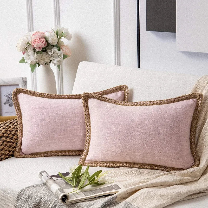 Afralia™ Pink Linen Trimmed Fall Outdoor Pillow Cover for Farmhouse Decor