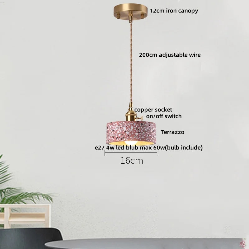 Afralia™ Terrazzo Stone LED Pendant Light with Copper Knob Switch, Adjustable Hanging Lamp