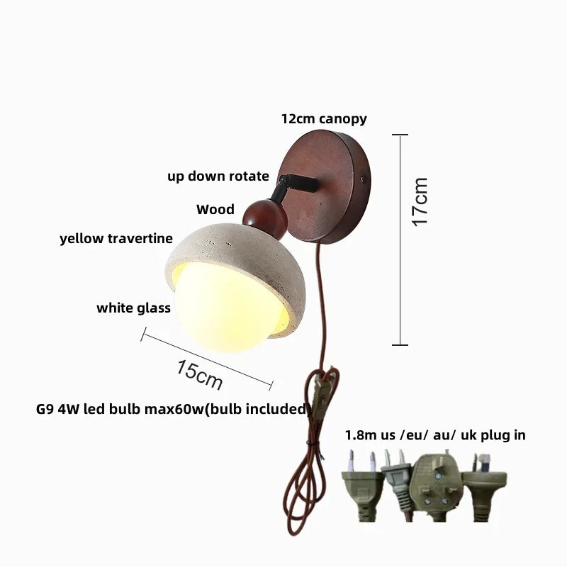 Afralia™ Yellow Travertine LED Wall Light with Pull Chain Switch, Nordic Modern Glass Wood Lamp