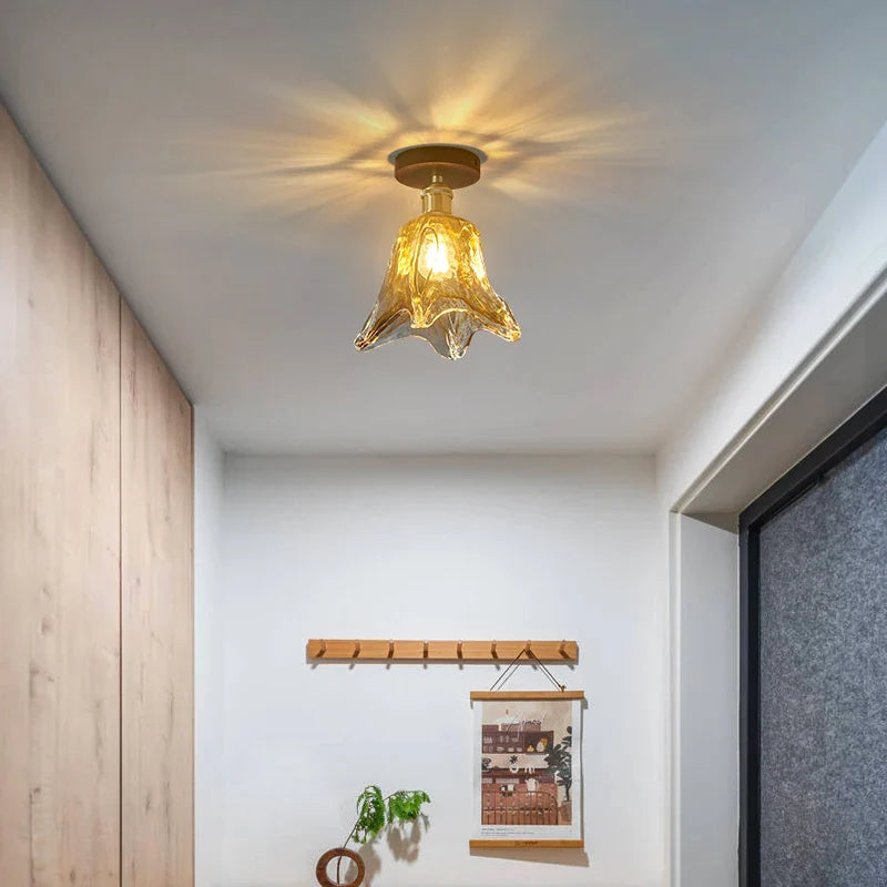 Afralia™ Amber Glass LED Ceiling Light: Modern Aluminum Wood Kitchen Balcony Room Lamp