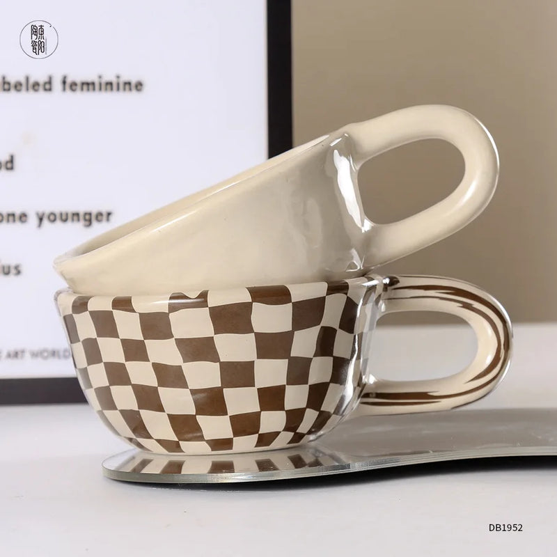 Afralia™ Retro Checkerboard Ceramic Coffee Cup - Personalised High-Looking Mug