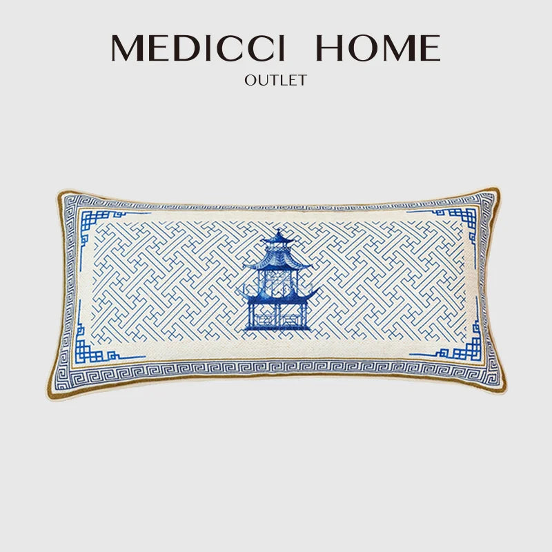 Afralia™ Blue Chinoiserie Home Pagoda Bolster Pillowcase 30x65 Luxury Cushion Cover